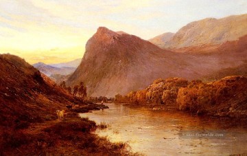 Teich See Wassfall Werke - Sonnenuntergang Im Glen Landschaft Alfred de Breanski Snr